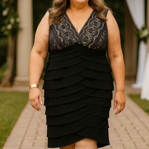 Adrianna Papell Woman Lace Ruffle Tiered Cocktail Wedding Guest Dress Black 20W